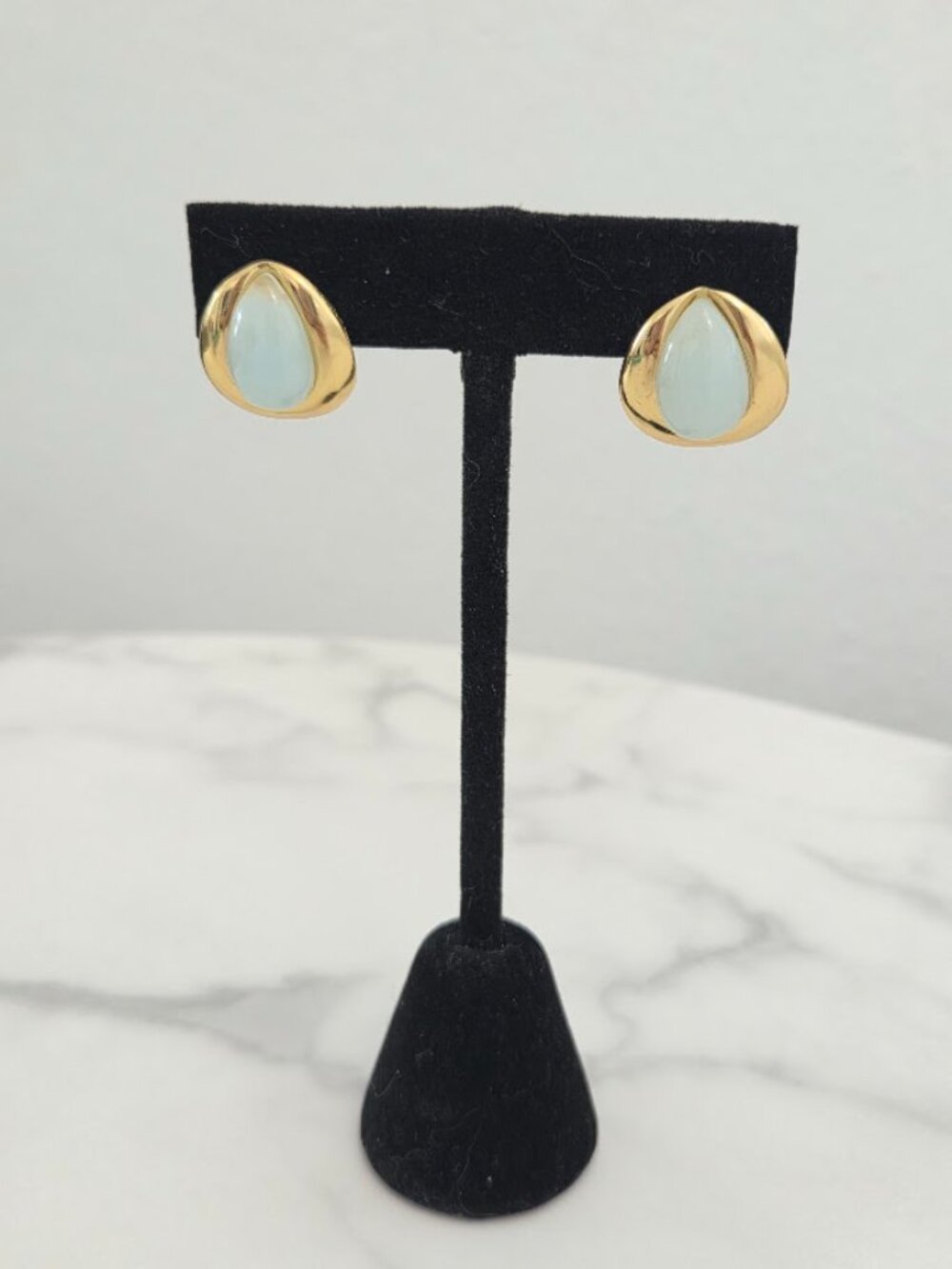 Light Blue Teardrop Stone Gold Stud Statement Earrings - Picture 8 of 12